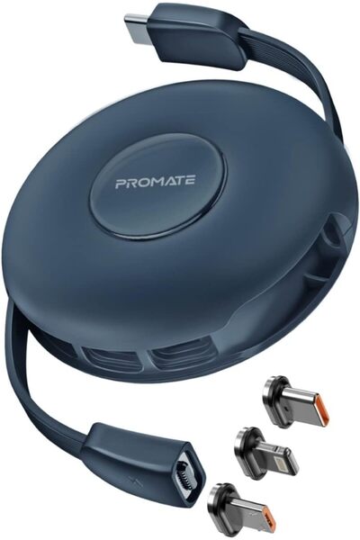 Promate Magnetic Charging Cable, 3-in-1 Retractable USB-C™ Charging Cable