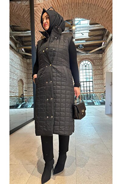 Robes Kadın Siyah Kapitone Uzun Yelek – Çıtçıtlı, Dik Yaka, Kışlık Şişme Yelek