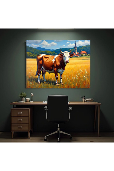 Printees Tablou - Lan de grâu și vacă - Canvas pe șasiu