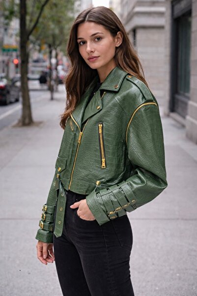 Levin Peak City Armor Premium Kadın Hakiki Deri Ceket (Yeşil)