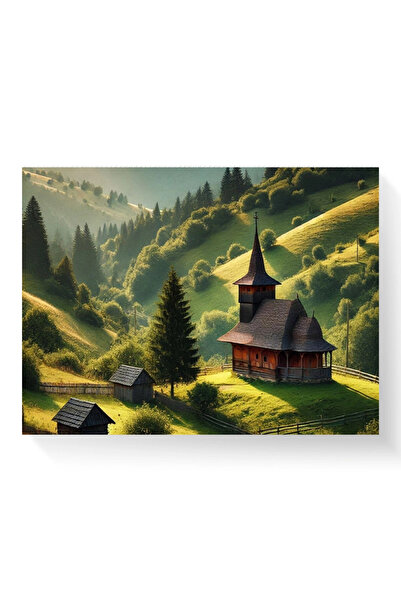 Printees Tablou - Bisericuță de lemn la munte - Canvas pe șasiu