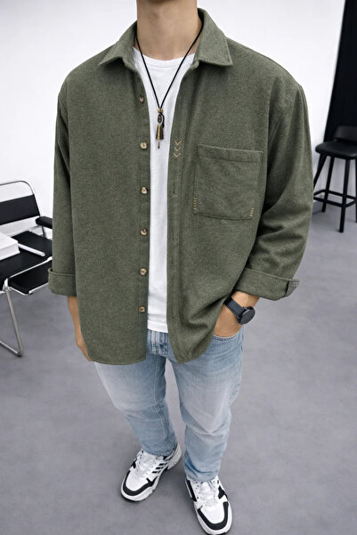 FıttingRoom Oversize Handcrafted Detailed Cotton Stamp Khaki Shirt