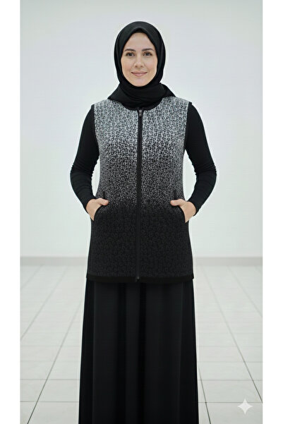 Sargınlar Desenli Fermuarlı Buklet Yelek - Anne Yeleği - Cepli Uzun Yelek