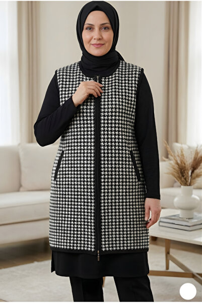 Sargınlar Desenli Fermuarlı Buklet Yelek - Anne Yeleği - Cepli Uzun Yelek