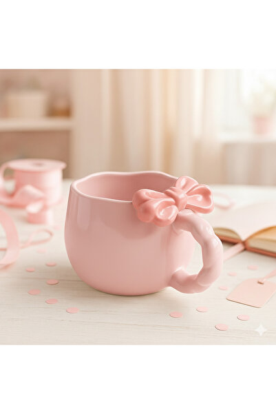 Çağ Seramik Fiyonk Desenli El Yapımı Seramik Kupa – Kulplu Pembe Kahve Kupası