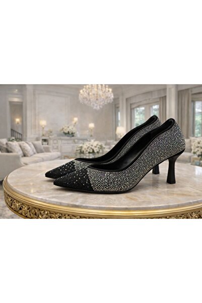 Yeşilmoda Evening Dress Shoes Women Full Crystal Stone 3 cm Heel – Black Faux...