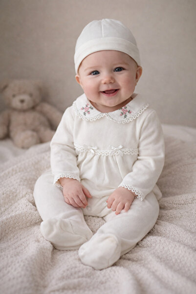 AKİ MODA KİDS Cotton Lace Collar Floral Embroidery Baby Girl Romper – Long Sl...