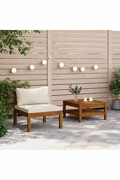 vidaxl طقم كنب حديقة مكون من قطعتين مع وسائد بيضاء كريمية من خشب الأكاسيا