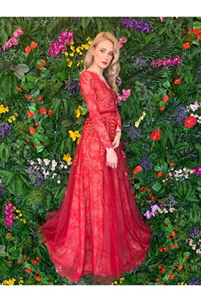 ambar studio Rochie de seară lungă Camina din dantelă, tul și broderie