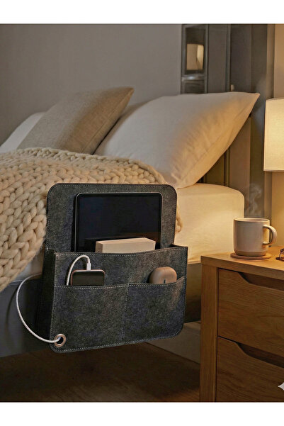 dilekolay Dark Mode: Anthracite Felt Bedside Organizer (with Cable Outlet & T...