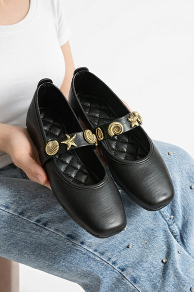 STOCON Women's Skin Black Seashell Ballerina Office Home and Outdoor Shoes St...