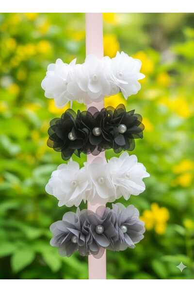 Esram Butik مجموعة من 4 مشابك شعر فريدا من الشيفون المزين بالزهور واللؤلؤ - إ...