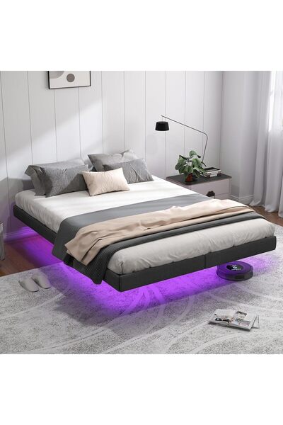 Yanara Floating Bed Frame with LED Lights & Charging Station, Grey Linen Metal Platform, Easy Assembly