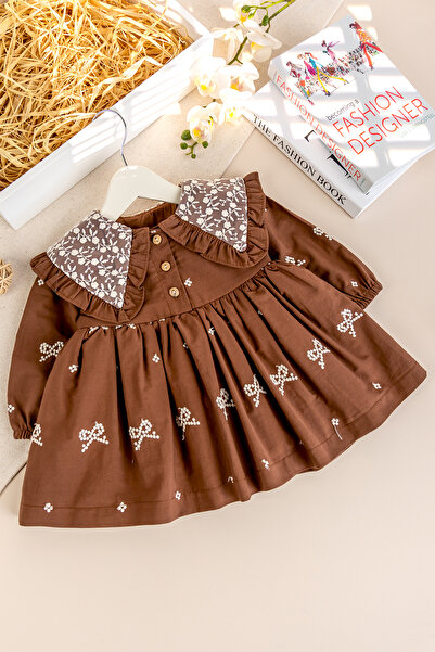Babymod Stylish Baby Girl Dress with Embroidered Collar Detail Brown