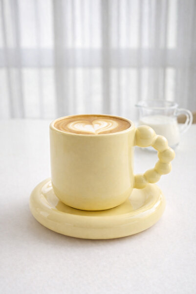 Karat Home Boncuk Kulplu Seramik Kahve Fincanı ve Tabağı – Sarı