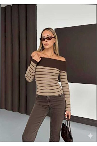 Azra Moda Style Madonna Collar Striped Slim Stretch Fabric Blouse Women