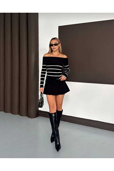 Azra Moda Style Madonna Collar Striped Slim Stretch Fabric Blouse Women