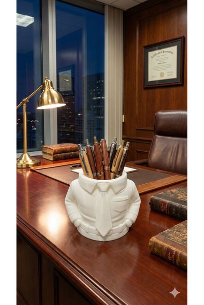bgom Desktop Pen Holder with Shirt Tie Design - Decorative Office Organizer and Executive Gift White