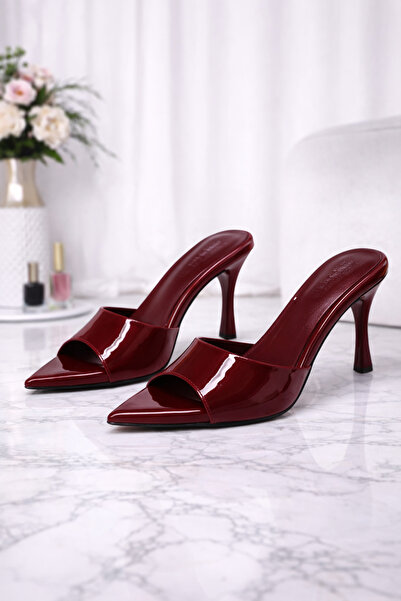 Firibu Women's Black Patent Leather Pointed Toe Thin Heeled Stylish Slippers