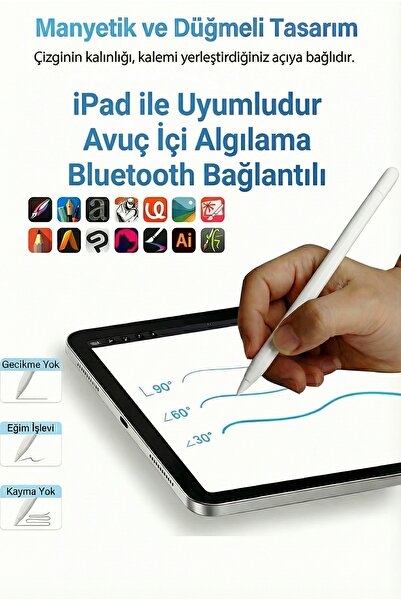 Fibaks iPad A16 Air 6/7/8/9/10/11/12 Manyetik Şarjlı Kalem Pen Yazı Çizim Blu...