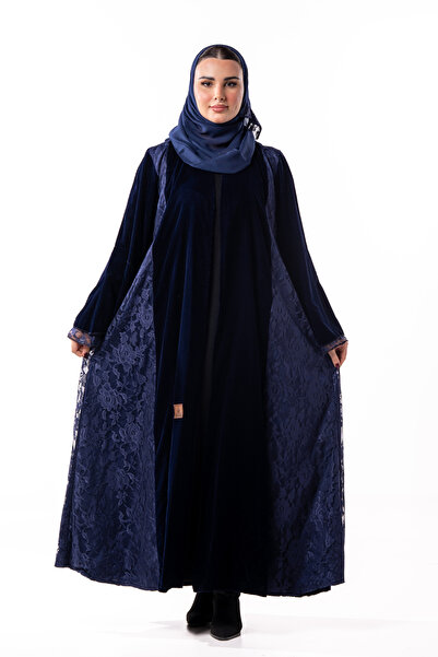 Hasnaa Abaya عباية نرجس مخمل كحلي مع دانتيل فرنسي