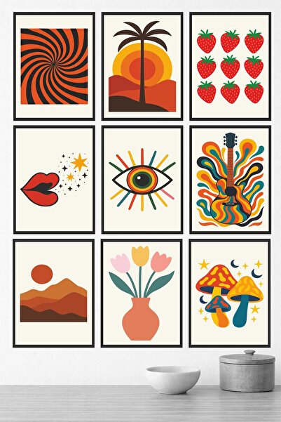 UNT Modern Retro Patterned 9-Piece Mdf Painting Set 15X20 Uv Printing Frame Look