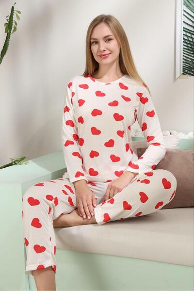 HUBEN Red Heart Printed Knitted Cotton Pajamas Set