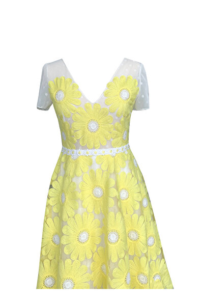 ambar studio Rochie midi Azalia cu broderie de flori galbene