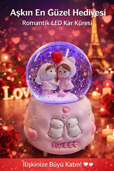 Lİ-ES Aşkı Simgeleyen Figürlü Değişen Led ışıklı Müzikli Büyük Kar küresi- Se...
