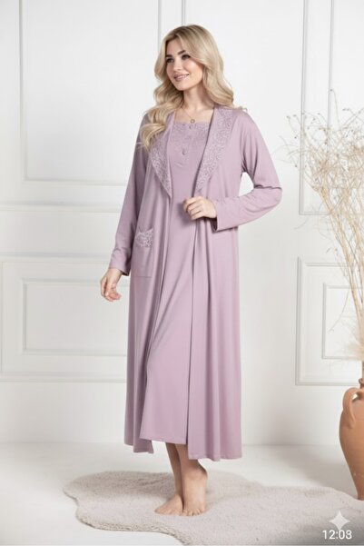 Lohusa Dünyasi Women's Shawl Collar Lace Maternity Nightgown Dressing Gown Set