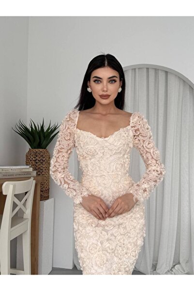 Karteks Kabartmalı Boyutlu Çiçek Elbise