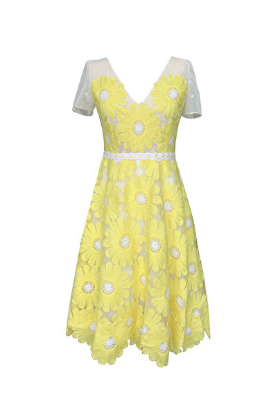 ambar studio Azalia yellow flower embroidery midi dress
