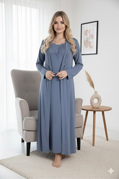 Lohusa Dünyasi Women's Shawl Collar Lace Maternity Nightgown Dressing Gown Set