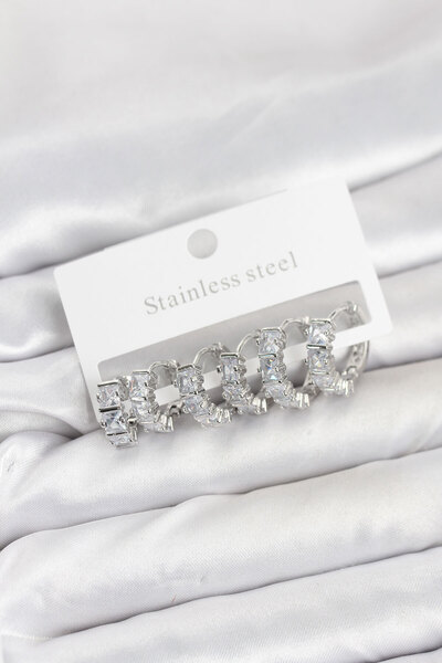 Skygo 316L Steel Silver Color Baguette Zircon Stone Hoop Earrings Set - Tj-Bk...