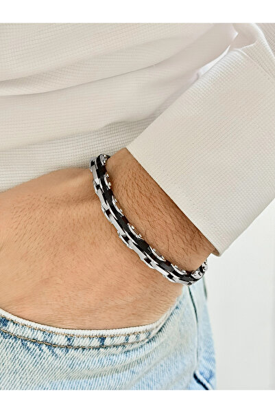 FERRO سوار رجالي من الفولاذ الفضي والأسود FRJ10115A-J مع ضمان لمدة عامين لا ي...