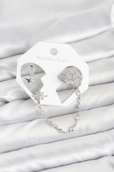 Skygo Polar Star Model Brass Silver Color Chain Linked Ear Cuff Earring Set -...