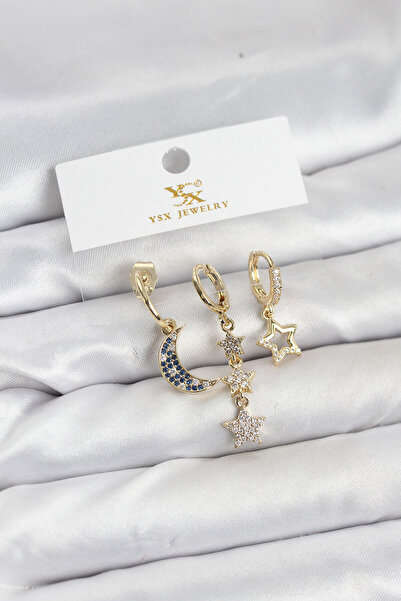 Skygo Brass Gold Color Zircon Stone Moon and Star Model Ysx Trio Earring Set ...