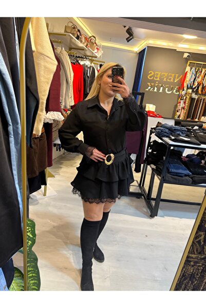 nefes butik Siyah Dantel Detaylı Bel Vurgulu Şık Elbiselerden