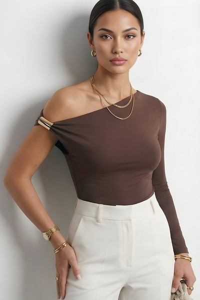 Qaju Women's One Shoulder Long Sleeve Stretchy Blouse – Brown