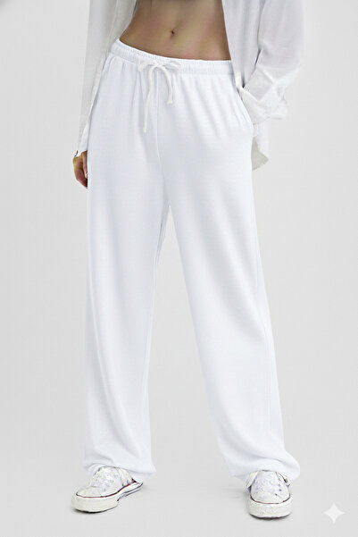 jeneric Women's White Elastic Waist Lined Linen Blend High Waist Palazzo Pants
