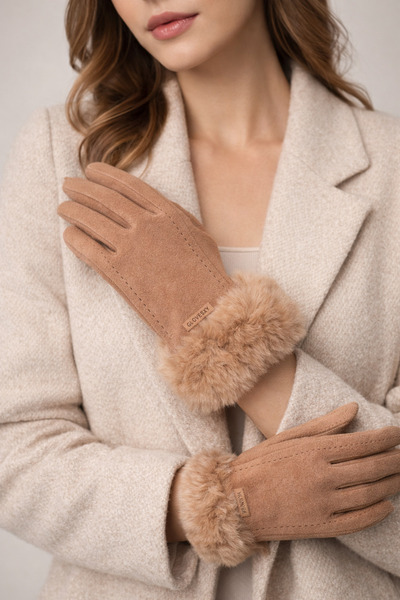 Şirin Giyim Aksesuar Kaşe Eldiven Kadın Bej - Peluş Tüylü Lüks Glovesxy Yazıl...