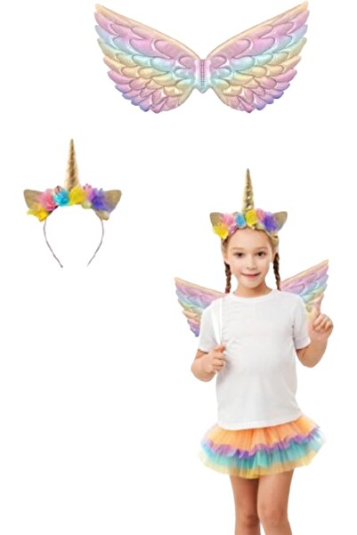 Sweet seven مجموعة أجنحة يونيكورن للأطفال مع طوق رأس بألوان قوس قزح