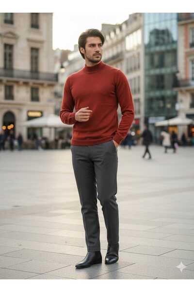 KMKkombin Men's Steel Knitted Slim Fit Plus Size Roll Neck Sports Sweater Eök