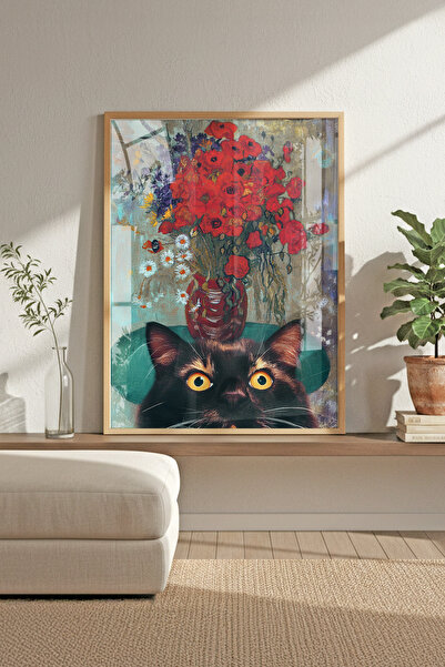 Buka Shops Van Gogh Kırmızı Çiçekler ve Kara Kedi Sanat Tablosu - Renk ve Ölç...