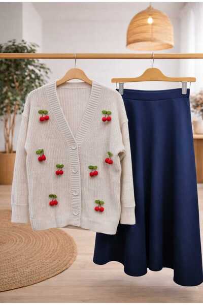 MODA VEDAT Women's Cherry Detailed Knitwear Cardigan - Puff Scuba Skirt Set -...