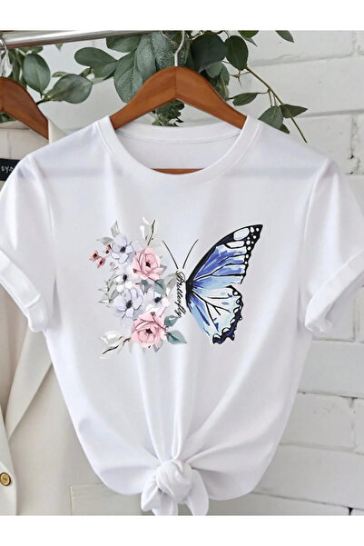 one button Tricou unisex cu design floral și fluturi, cu gât rotund, 100% bumbac