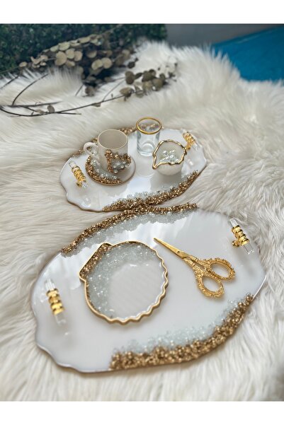 RESİNARTSHOP Epoksi Tepsi Seti taş+inci gold