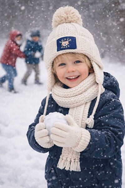 Kitti içi polar astarlı kulaklık detaylı erkek çocuk atkı bere eldiven takımı