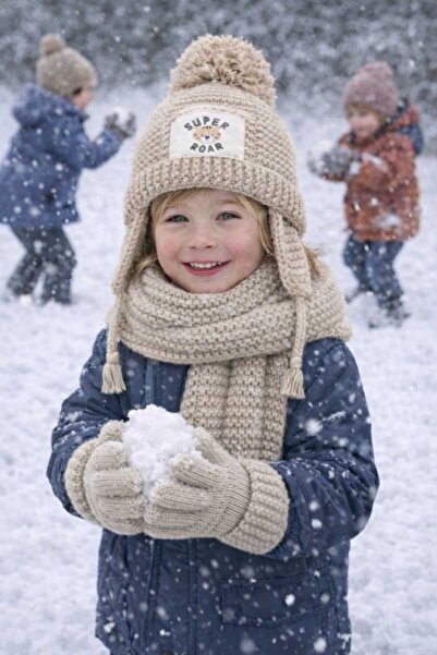 Kitti içi polar astarlı kulaklık detaylı erkek çocuk atkı bere eldiven takımı