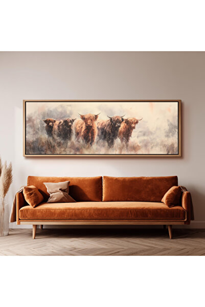 woodhomeworks Tek Parça Gerçek Ahşap Yatay Panorama Çerçeveli Tablo iskoç ineği